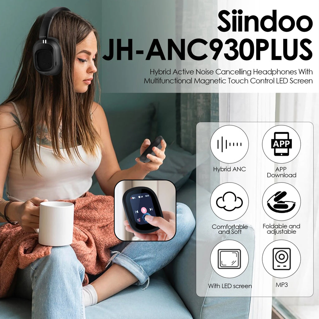 Siindoo ANC930Plus Hybrid ANC Wireless Headphone With Magnetic Touch LED Screen