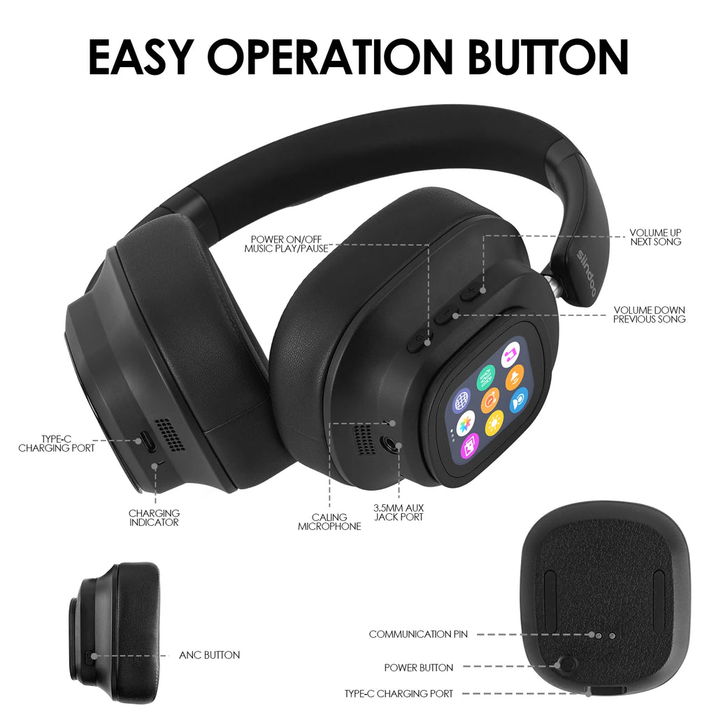 Siindoo ANC930Plus Hybrid ANC Wireless Headphone With Magnetic Touch LED Screen