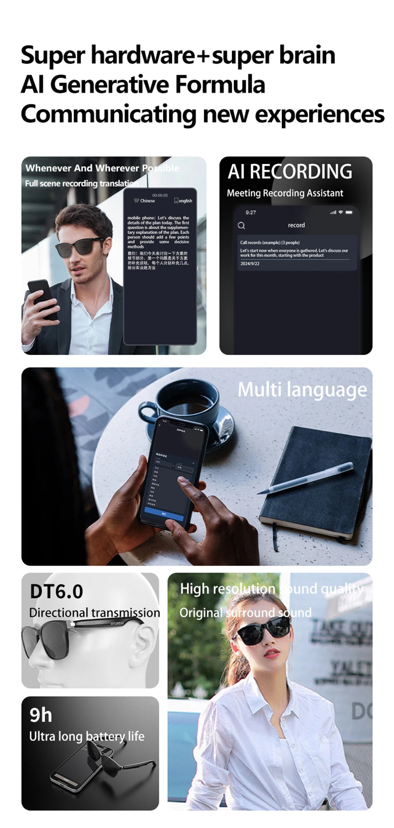 Xiaomi HY-C8 Smart Glasses with AI Translation & Bluetooth Headset